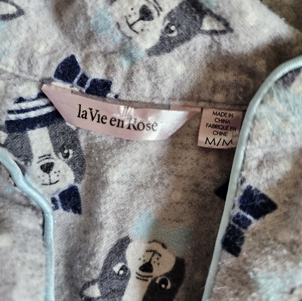 La Vie En Rose M Gray Patterned Button-Up Shirt Sleepwear Dog 100% Cotton - Picture 5 of 6